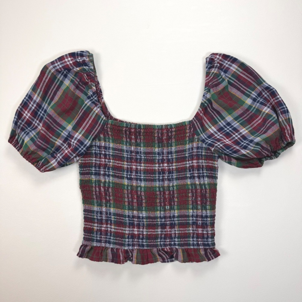 American Eagle Plaid Smocked Puff Sleeve Top Red Green XS Cottagecore Preppy